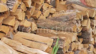 一个年轻人从木桩上取原木。 房子附近的一个木桩